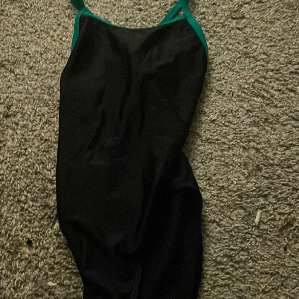 Black swimsuit with green trim
